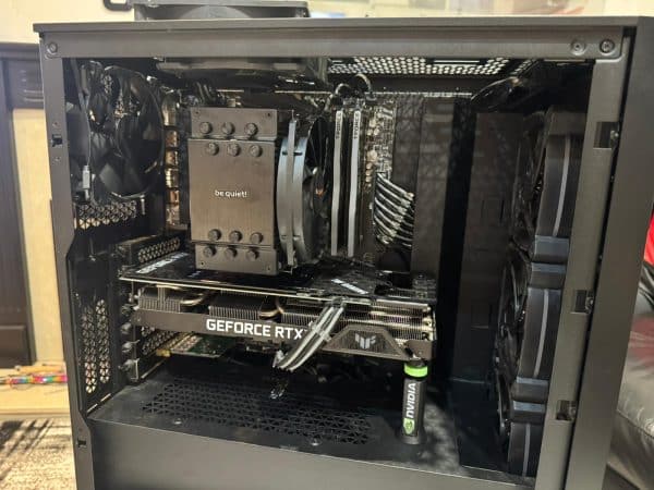 NVIDIA branded GPU support stand inside PC case