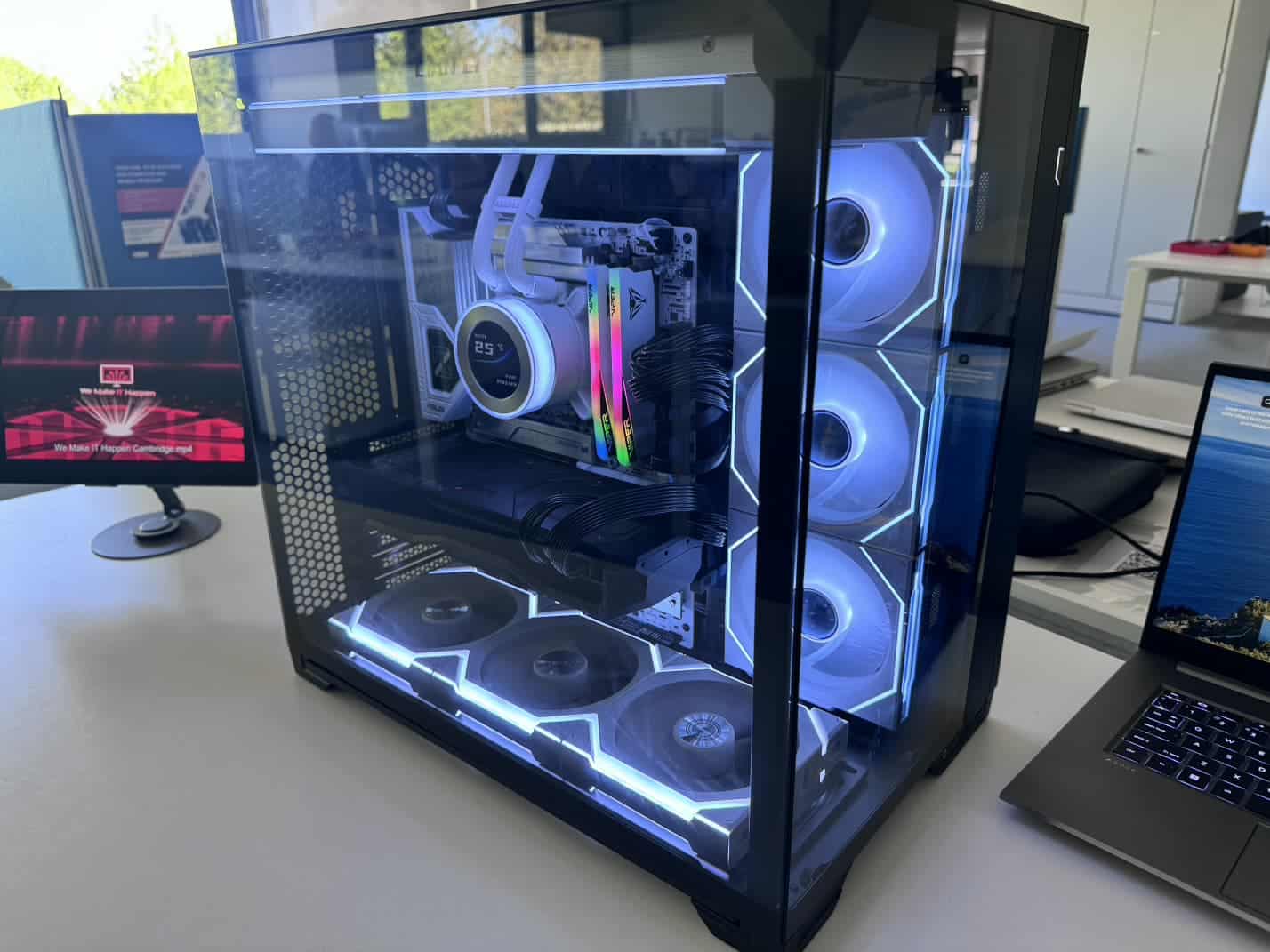 Black glass panel custom PC with white fans and RGB lighting