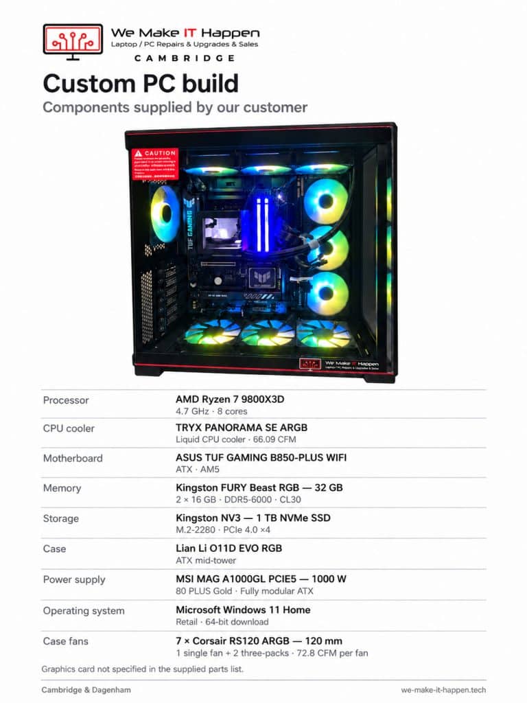 Parts list and specification of a custom built Ryzen 7 9800X3D gaming PC