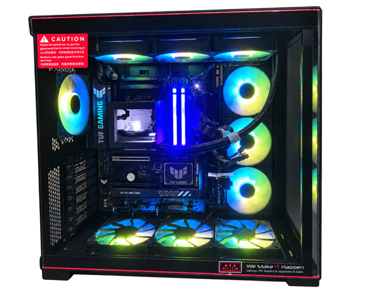 Custom built Ryzen 7 9800X3D gaming PC with RGB fans in a Lian Li O11D EVO case