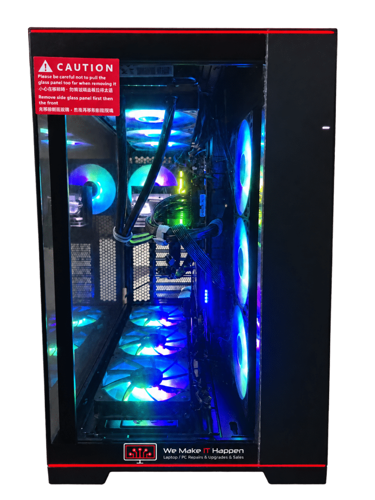 Front view of a custom built black gaming PC with RGB fans and a glass side panel