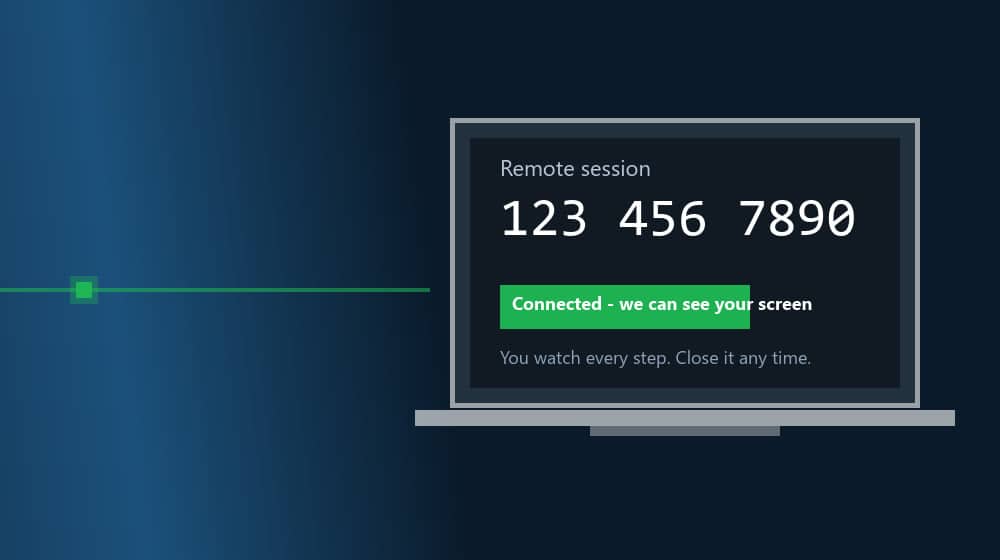 AnyDesk remote session screen showing the 10-digit AnyDesk code and a connected status, used for remote computer help by We Make IT Happen in Cambridge and Dagenham
