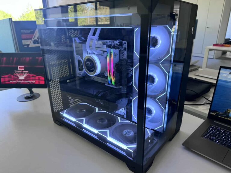 Black glass panel custom PC with white fans and RGB lighting