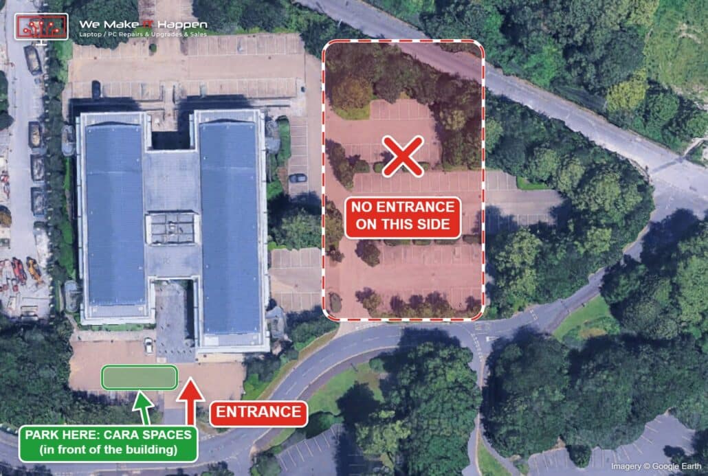 Annotated aerial map of CamLife 4, Capital Park, Fulbourn: the car park and the walk to our entrance marked