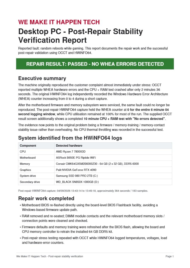 First page of the Post-repair stability report