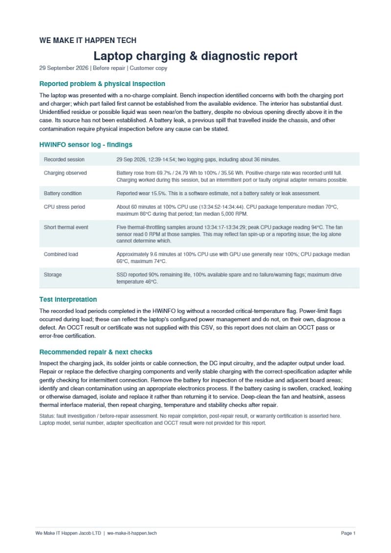 First page of the Laptop charging diagnostic report