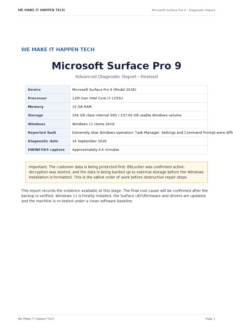 First page of the Surface Pro 9 advanced diagnostic report