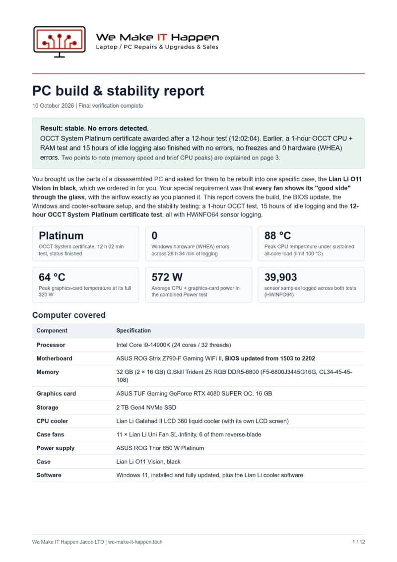 First page of the PC build and stability report for the Lian Li O11 Vision build