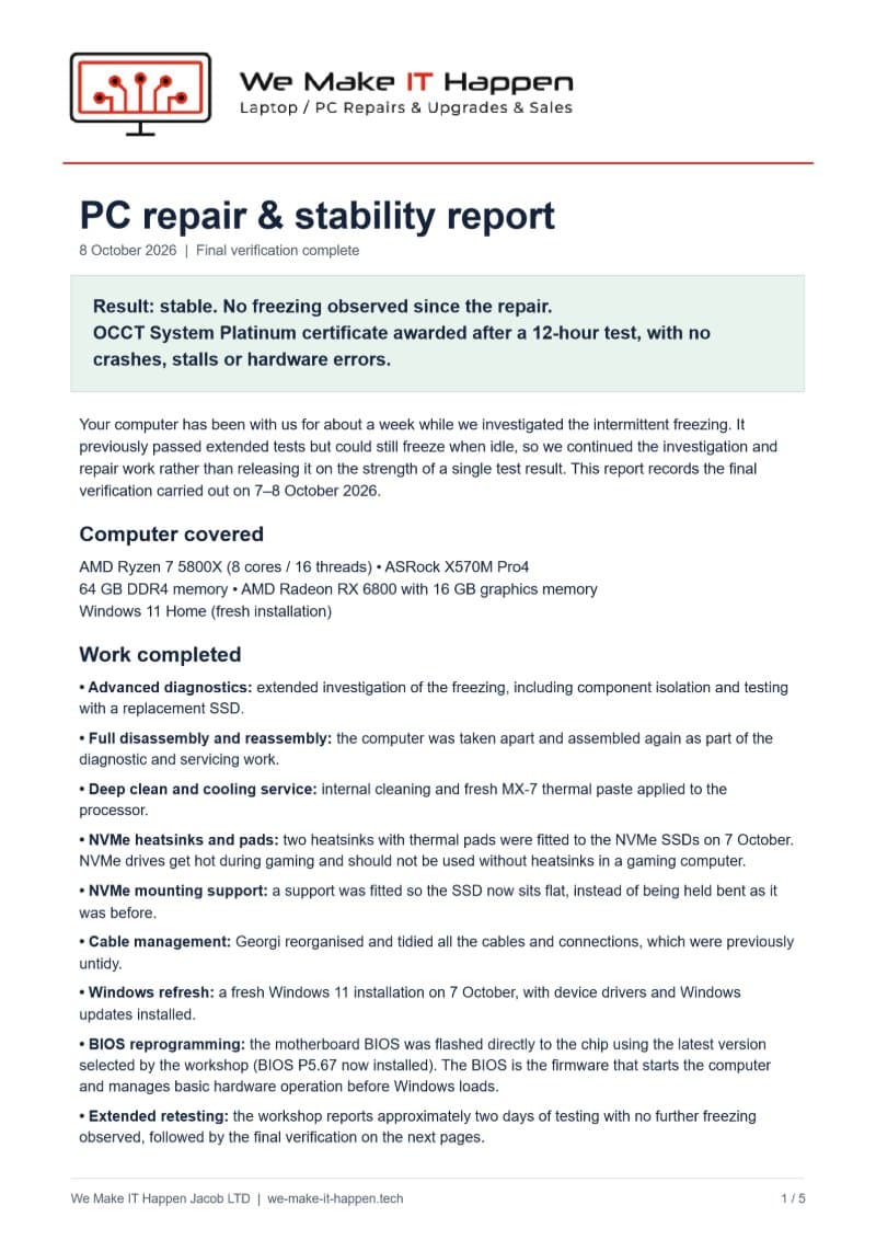 First page of the PC repair and stability report